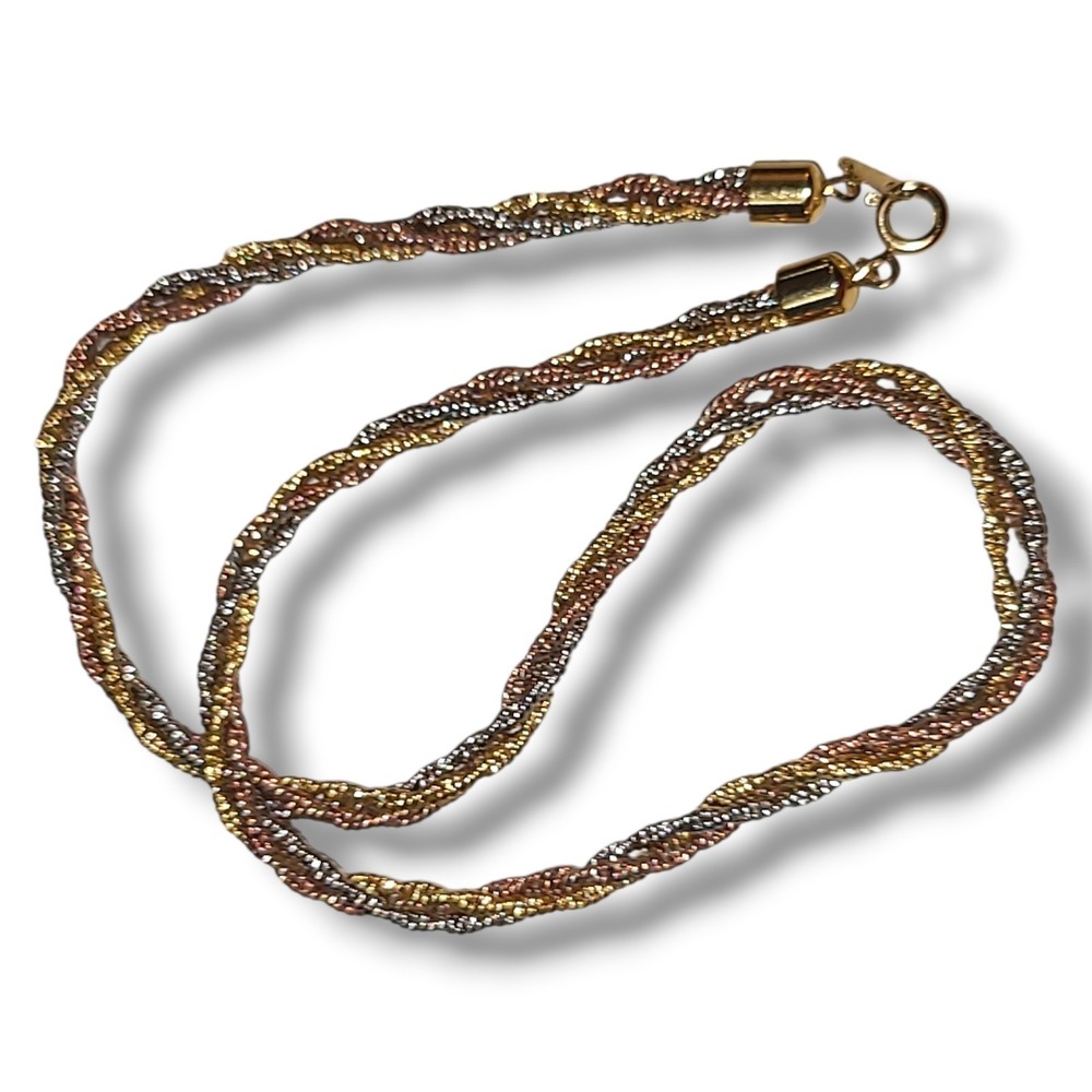 Vintage Tricolor Gold Silver Copper Twisted Rope Chain Necklace 18"‎ Textured